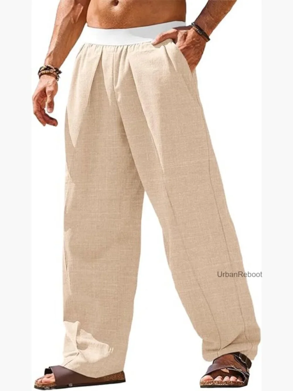 Mens Linen Pants Elastic Waist Straight Leg Casual Summer Yoga